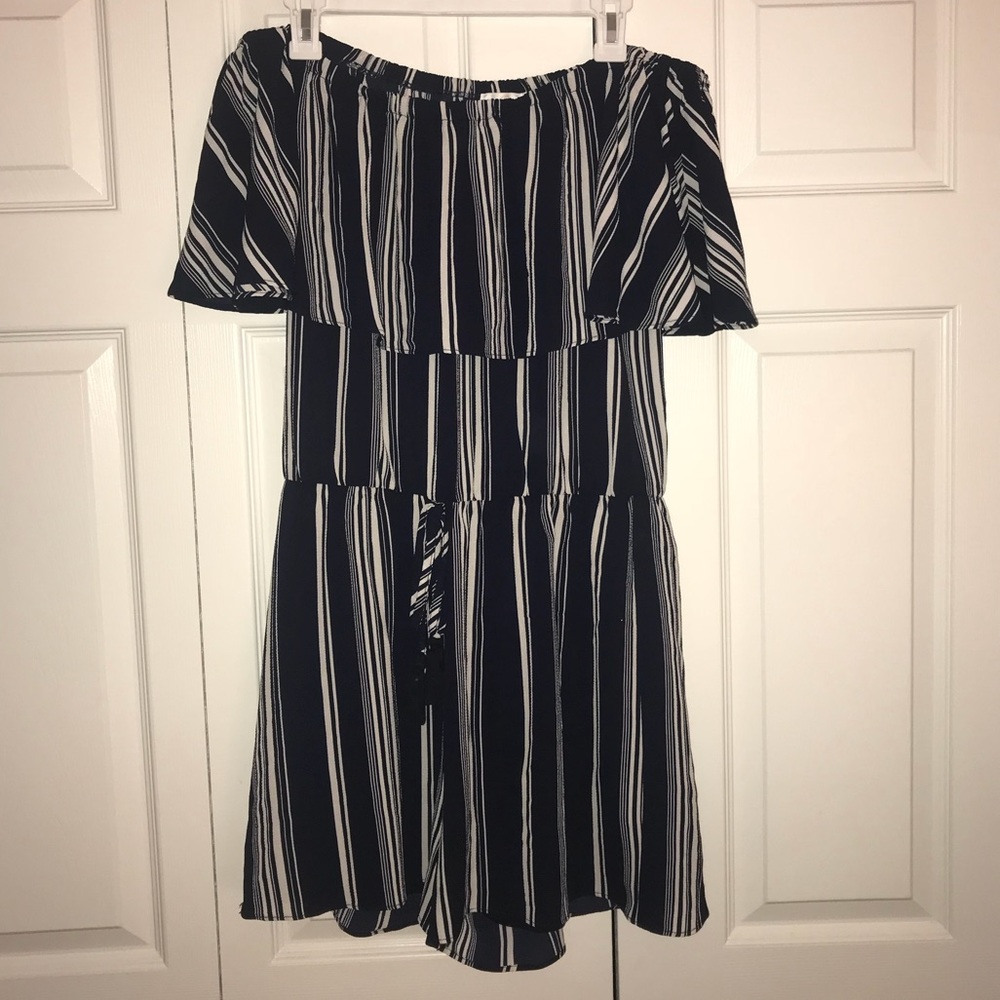 Off the shoulder blue and white romper
